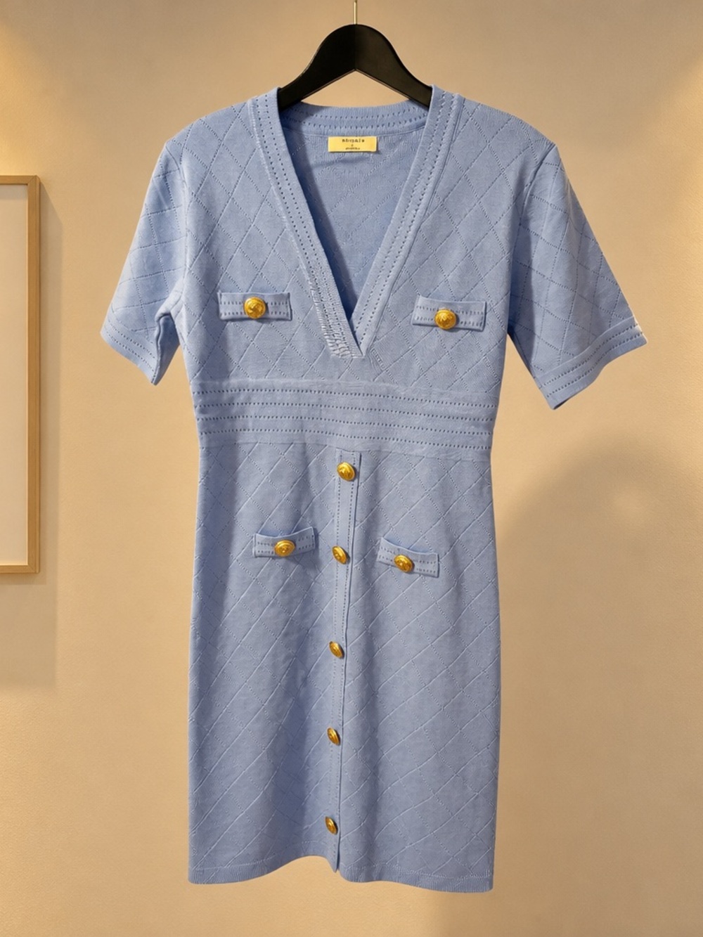 Think! Pale Blue V‑Neck Knit Midi Dress with Gold Buttons